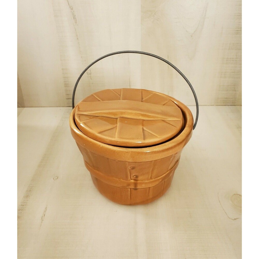 House Of Webster Ceramics Texas Brown Glazed Ceramic Basket Jar W Lid 4.75" Tall